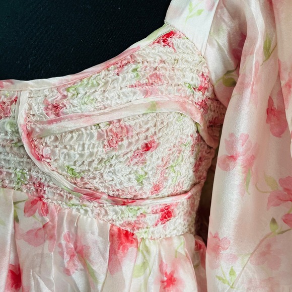 NWT Worth Collective Harlow Smocked Maxi Dress Puff Sleeve Pink Floral Chiffon S - Picture 4 of 12